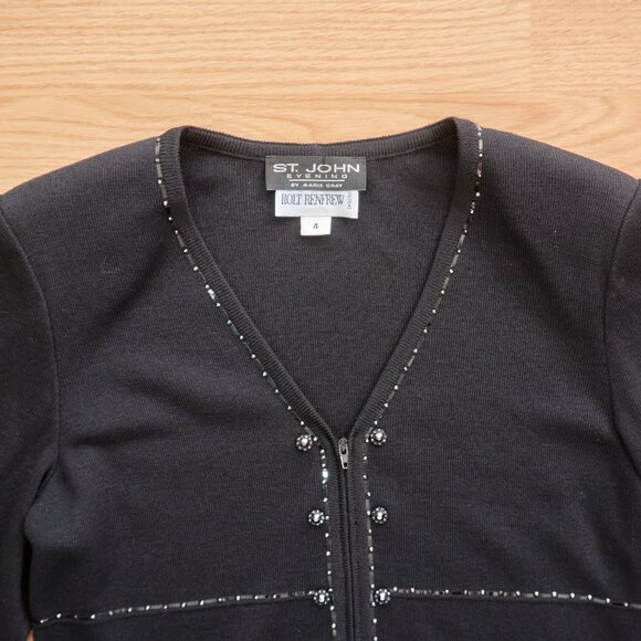 St John Evening by Marie Gray Wool Blend Knit Black Full Zip Cardigan, Size 4 - Picture 2 of 11